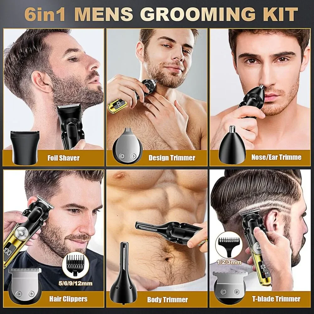 6-in-1 Men's Hair Clipper Beard Trimmer Waterproof Cordless Grooming Kit